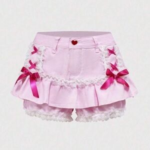Adorable Pastel Goth Kawaii Vintage Pink Lace Skort with Bows 🎀